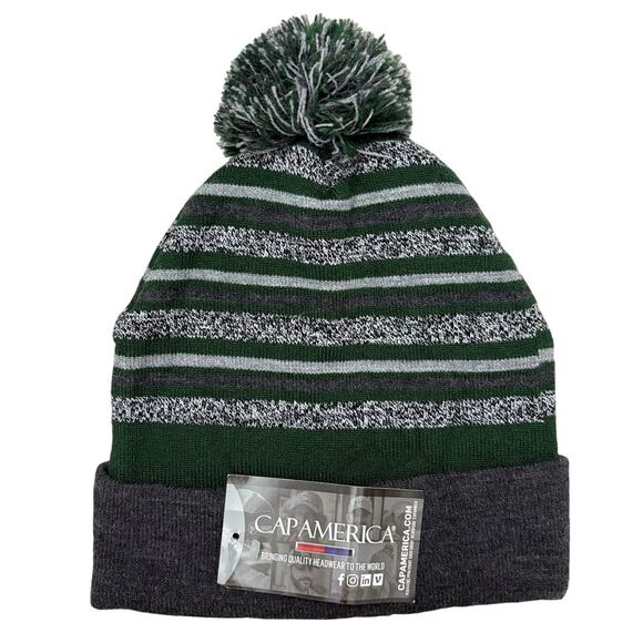 CapAmerica Rugby Ice Hawks Hockey Pom Beanie Green Gray Knit Hat NWT Winter ❄️ - Picture 3 of 6